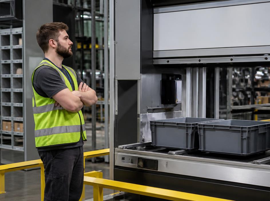 A warehouse operator waiting at a pick station
